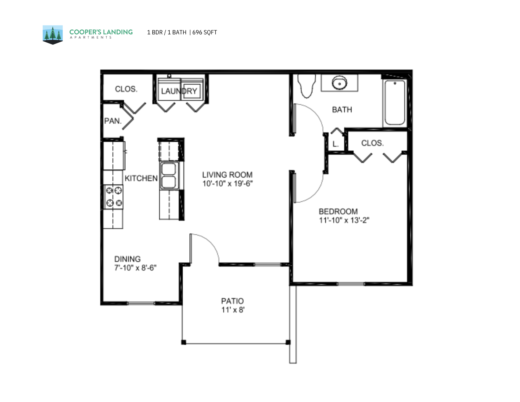 Floor plan for 1 bed, 1 bath, 696 sqft
